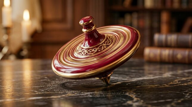 Ornate spinning top in motion on a polished marble surface, creating a mesmerizing blur of colors and patterns.