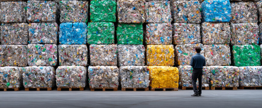 Man standing in front of large stacked bales of compressed recyclable plastic waste in a recycling facility warehouse