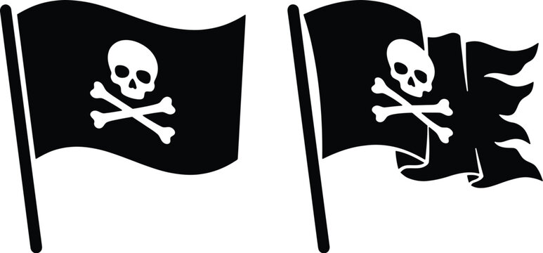 Black pirate flags with skull and crossbones symbols waving on poles