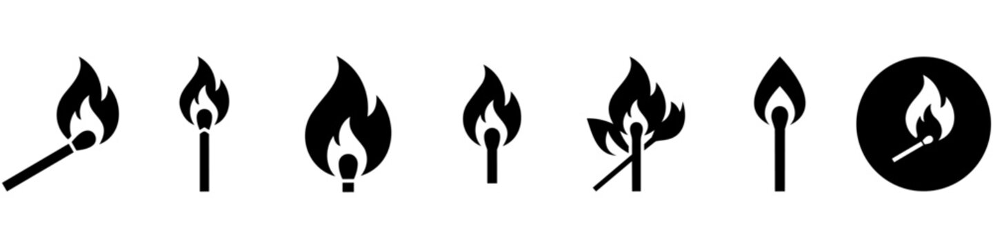 Set of fire flame, burning match, and bonfire silhouette icons
