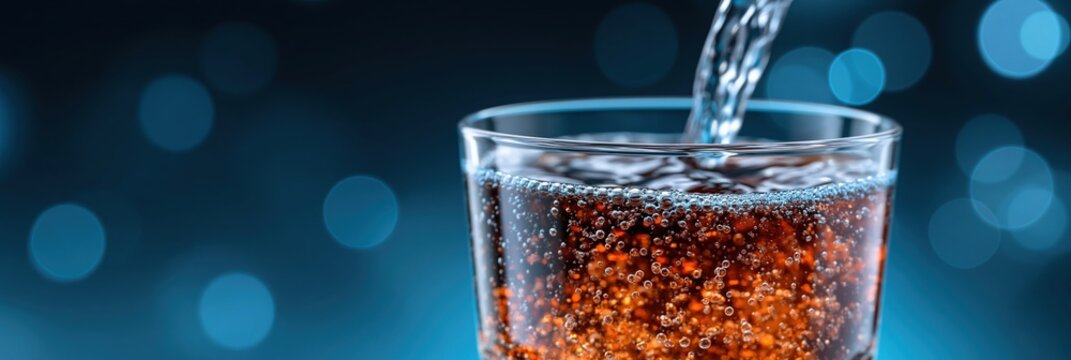 Refreshing cola being poured into a glass with bubbles and bokeh background