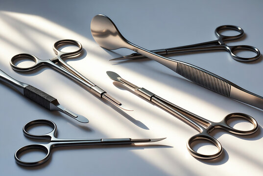 Various surgical instruments, including scalpels and forceps, are displayed on a light-colored surface.