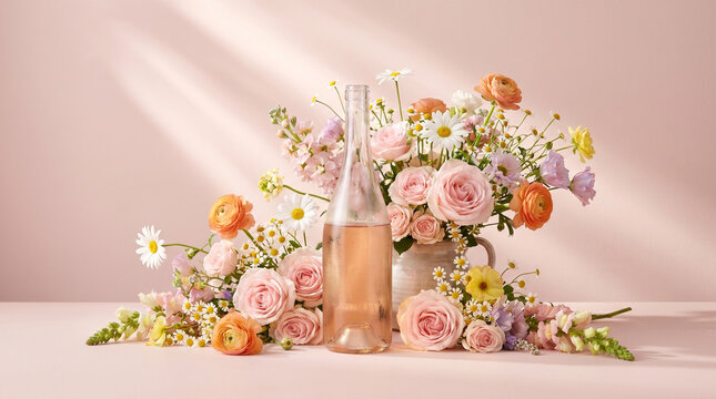 4k a bottle of pink champagne next to a bouquet of colorful flowers on a pink background