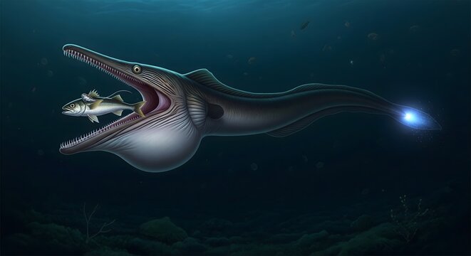 Deep Sea Gulper Eel Swallowing Fish Prey in Dark Ocean Abyss Digital Illustration