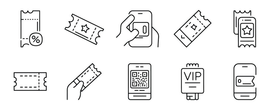 Ticket Entry Pass Line Icon Set, voucher access symbols for cinema, concert, sport, flight and transport, vector outline illustration with VIP QR code reservation design.