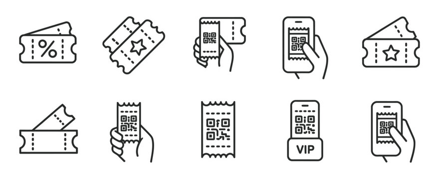 Ticket Entry Pass Line Icon Set, voucher access symbols for cinema, concert, sport, flight and transport, vector outline illustration with VIP QR code reservation design.