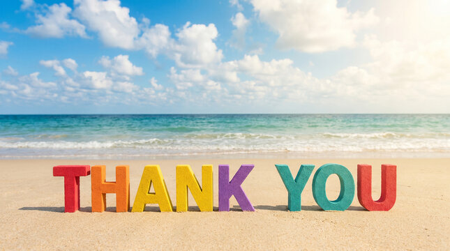 4k colorful beach scene with thank you message in sand