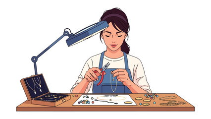 Fototapeta premium Jewelry Maker at Work: A focused artisan meticulously crafts a delicate necklace under the bright light of a desk lamp, surrounded by beads, tools, and finished pieces in a creative workspace.