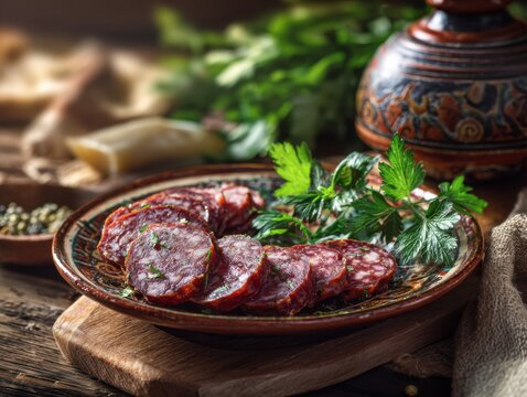 Sliced Kazakh Kazy Sausage on Traditional Plate, Authentic Central Asian Horse Meat Delicacy