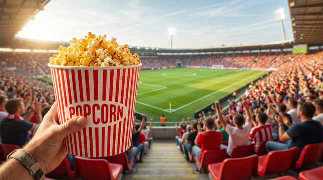 4k hand holding a large bucket of popcorn at a soccer stadium with spectators