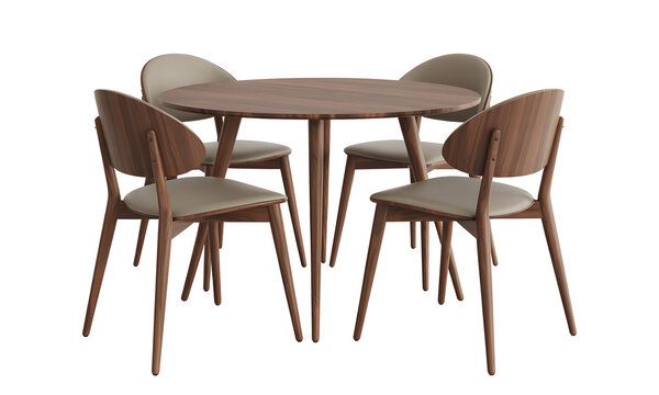 Mid-Century Modern Round Wooden Dining Table with Four Matching Upholstered Chairs Isolated on White Background