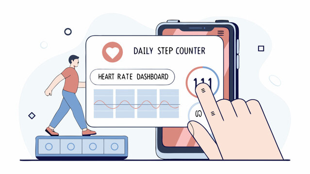 Fitness tracker interface, daily step counter, heart rate dashboard, health monitoring app, mobile technology