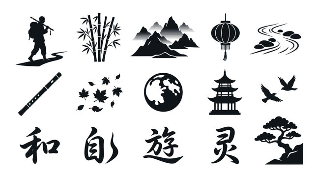 Black  White Traditional East Asian Icons: Traveler, Bamboo, Mountains, Lantern, River, Flute, Leaves, Moon, Pagoda, Birds, Bonsai, Kanji
