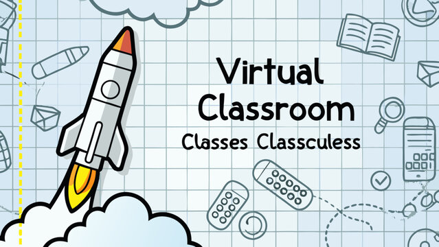 Virtual classroom, online education, e-learning, cartoon rocket, school icons