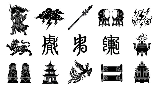 Traditional Chinese Cultural Symbols Vector Set: Warrior, Tiger, Pagoda, Phoenix, Drums Glyph Icons