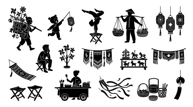 Traditional Asian Culture and Festival Market Elements Glyph Silhouettes Collection