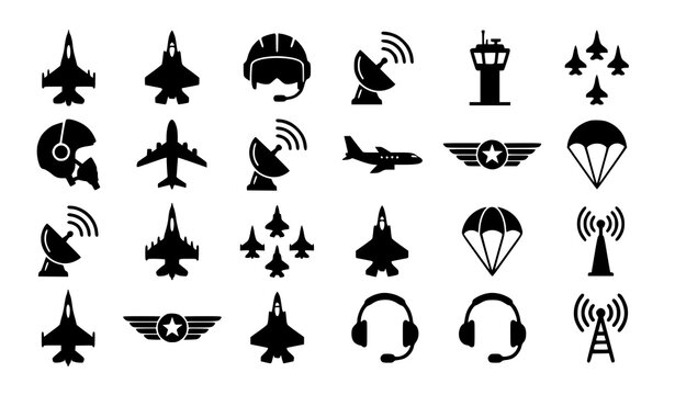 Air Force Icons Black Flat Design Vector Illustration with Military Aviation Symbols