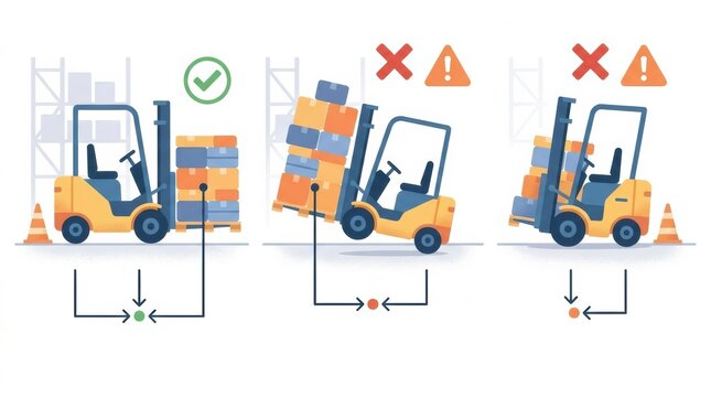 Forklift demonstrates safe load handling by moving boxes while highlighting unsafe practices in a busy warehouse environment.