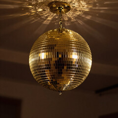 Obraz premium Technical Drawing Golden Music. Shimmering Golden Disco Ball With Radiating Light Rays