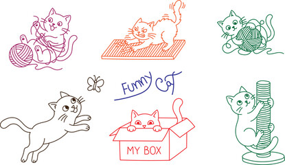 Funny Cat Doodle Elements Vector Illustration, Hand Drawn Kawaii Kitten Icons Set with Yarn Ball, Cardboard Box, Scratching Post and Playful Cartoon Cats, Editable Stock