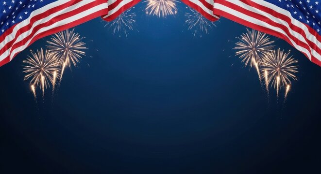 American flag waving with vibrant fireworks exploding in night sky on independence day