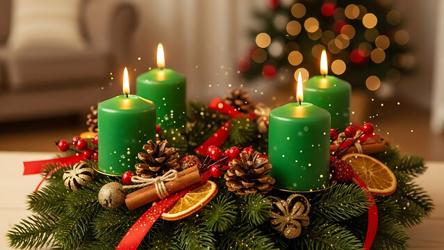 Festive Christmas card layout featuring four green candles for the fourth Advent Sunday, elegant holiday decoration with pine needles, cones, and ornaments on a wooden background with copy space.