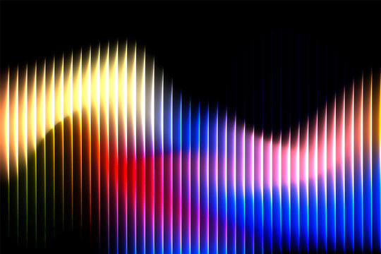 Abstract multicolor neon glowing striped gradient wave with vibrant blue pink red and yellow optical light effect on dark background