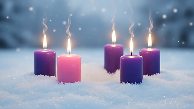 Vier leuchtende Adventskerzen im glitzernden wei&szlig;en Schnee f&uuml;r eine festliche Weihnachtskarte zum vierten Advent mit stimmungsvoller Beleuchtung und winterlicher Atmosph&auml;re im Freien bei D&auml;mmerung.
