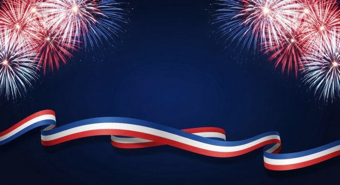 Vibrant red white and blue fireworks explode against a dark blue night sky with wavy ribbons