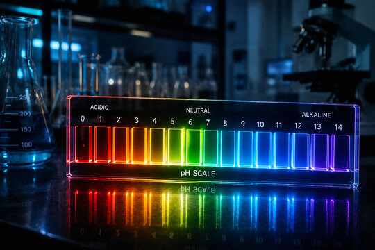 A glowing pH scale ruler is displayed on a laboratory bench surrounded by glassware and scientific equipment.