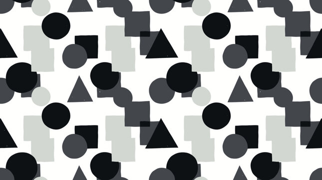 A repeating geometric pattern featuring overlapping black dark gray and light gray circles squares and triangles