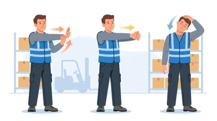 Fototapeta premium Worker demonstrates safety stretches in warehouse to promote health during logistics work. Stretching helps prevent injury during daily tasks.