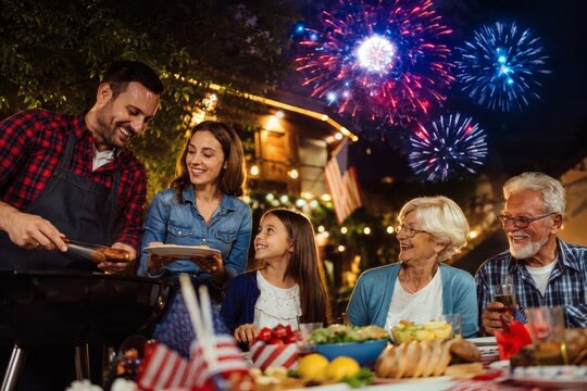 Multigenerational Family Celebrating Fourth of July With Backyard Barbecue, Fireworks and American Flags