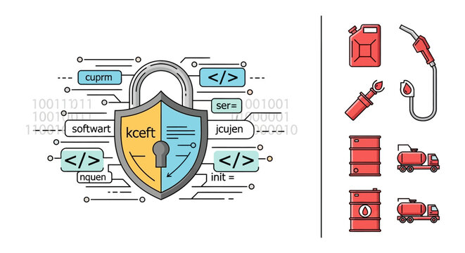 Cybersecurity and coding illustration with shield and tools.