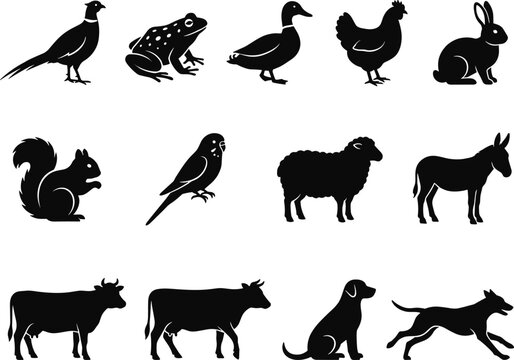 Black farm animals and wildlife vector silhouettes set containing cow sheep dog rabbit duck frog and birds isolated on white