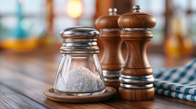 Close-up of a salt shaker and pepper mill set on a wooden table with a checkered cloth