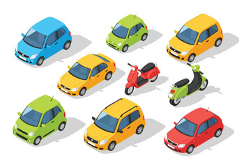 Fototapeta premium Collection of colorful cars and motorcycles arranged in rows on a white background