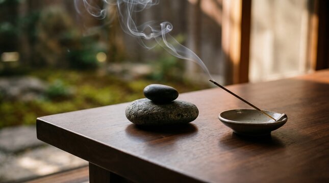 Balanced zen stones with burning incense stick for meditation concept