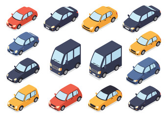 Naklejka premium Collection of colorful cartoon cars and vans on white background