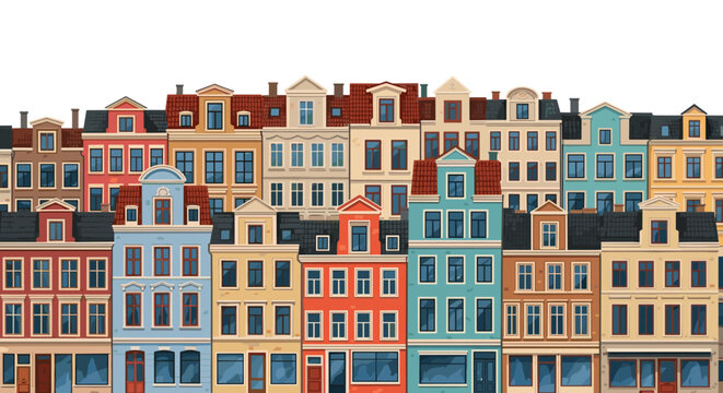 Row of colorful and historic European-style houses with gabled roofs are shown together creating a charming city street landscape.