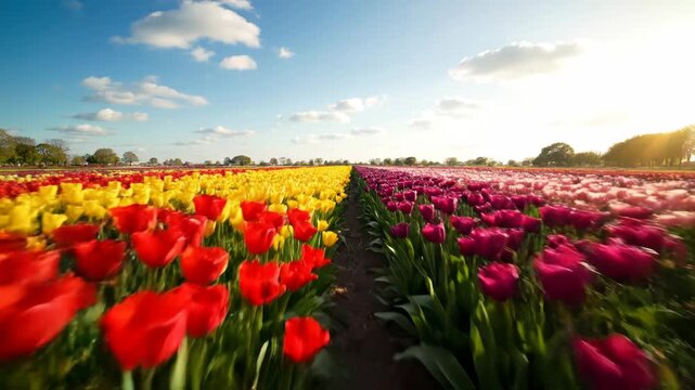 Low angle tracking shot through a vast agricultural field of blooming tulips featuring colorful rows of red, yellow, and pink flowers under a clear blue sky with fluffy white clouds.