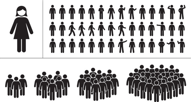 Vector stick figure icon set featuring a woman symbol, a crowd grid assembly, and incremental growing group numbers.