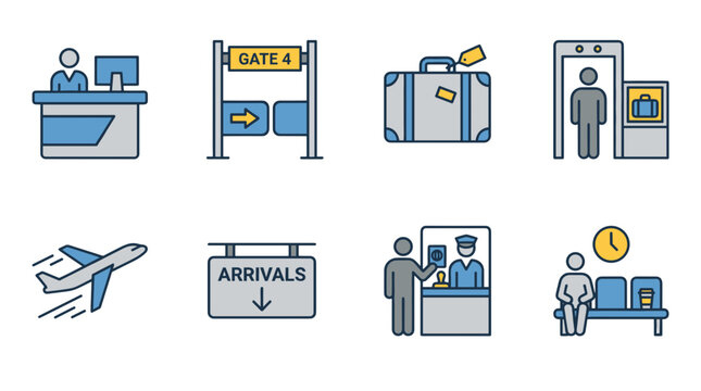 Airport travel icons set including gate, luggage, and arrival signs