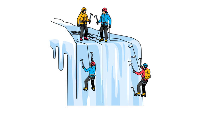 Ice Climbing Expedition: A team of determined climbers scales a frozen waterfall, using ice axes and crampons to ascend the icy terrain in a test of skill and endurance.