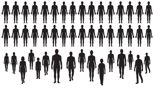 Vector people silhouette mega set featuring repeating man and woman model icons and a diverse walking crowd of individuals.