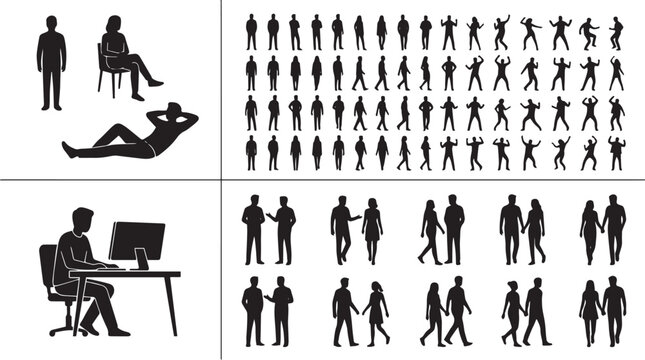 Vector people silhouette mega set with office worker at desk, couples holding hands, dancing party crowd, and relaxing poses.