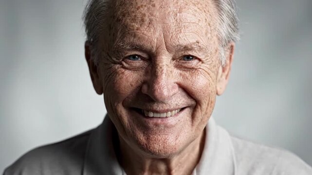 Smiling elderly man poses for close-up shots in a studio setting