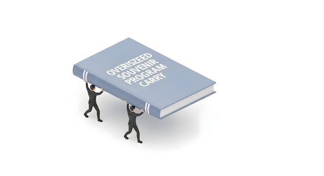 Small figures carrying a giant blue book