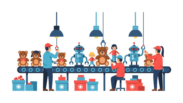 Toy Factory Assembly Line: Workers are busy assembling toys like teddy bears and robots on a conveyor belt in a brightly lit factory.