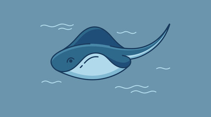 Naklejka premium Cute cartoon stingray swimming in blue water with waves, flat design